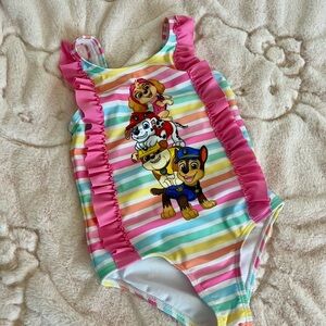Colorful Striped Kids Swimsuit with Cartoon Characters